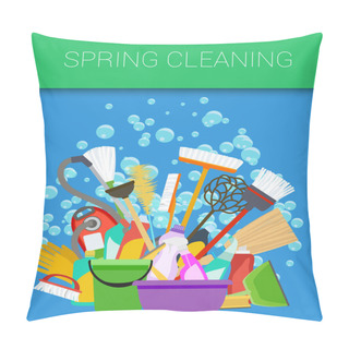 Personality  Spring Cleaning Background. Tools Of Housecleaning. Vector Pillow Covers