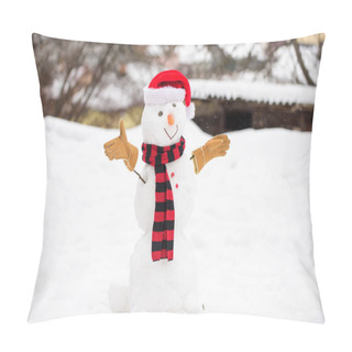 Personality  Cute Snowman Outdoors. Snowman With Hat Scarf And Gloves Snowy Nature Background. Winter Activity. Winter Holidays. Funny Adorable Snowman Cute Grimace. Happy Childhood. First Snow. Weather Forecast Pillow Covers