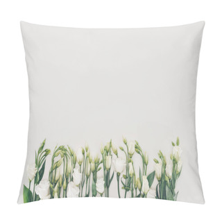 Personality  Beautiful White Blooming Flowers With Green Leaves On Grey Background  Pillow Covers