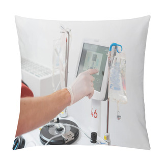 Personality  Partial View Of Doctor In Sterile Latex Glove Operating Modern Automated Transfusion Machine With Touchscreen Near Drip Stand With Infusion Bags In Blood Donation Center Pillow Covers