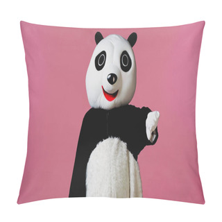 Personality  Person In Panda Bear Costume Showing Dislike Isolated On Pink  Pillow Covers