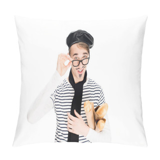 Personality  French Man Touching Glasses And Tasty Baguettes Isolated On White  Pillow Covers