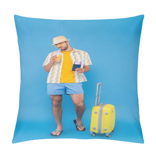 Personality  Man In Sunglasses Drinking Orange Juice And Holding Passport Near Suitcase On Blue Background  Pillow Covers