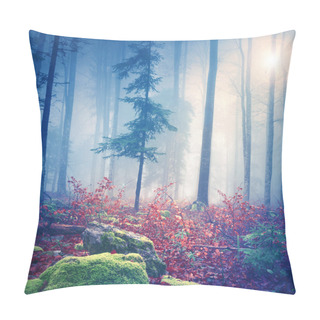 Personality  Magical Light In Foggy Forest With Sun Pillow Covers