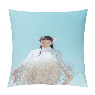 Personality  Adult Woman In White Swan Costume Holding Dry Bush In Hands, Looking At Camera Pillow Covers