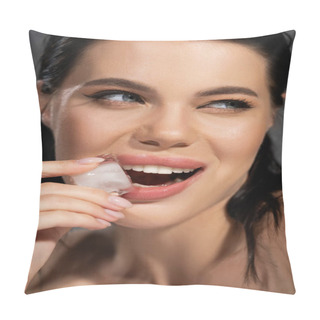Personality  Cheerful Brunette Woman Holding Ice Cube Near Lips Isolated On Grey  Pillow Covers