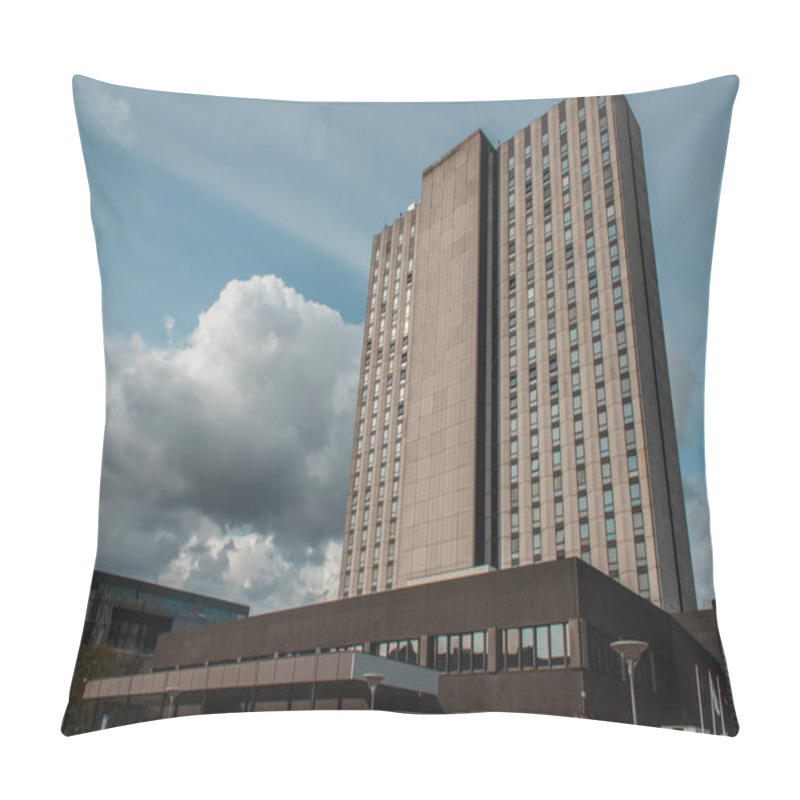 Personality  Low angle view of facades of building with cloudy sky at background on urban street in Copenhagen, Denmark  pillow covers