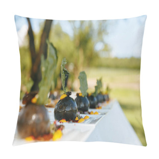 Personality  Exclusive Tasty Dishes In Trendy Servings On White Plates Over Blur Background Of Green Nature. Delicious Food Prepared For Guests By Professional Chief Cook. Pillow Covers