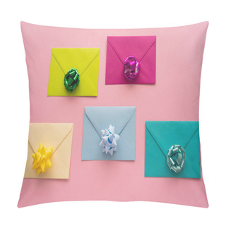 Personality  Top View Of Colorful Gift Bows On Envelopes On Pink Background  Pillow Covers