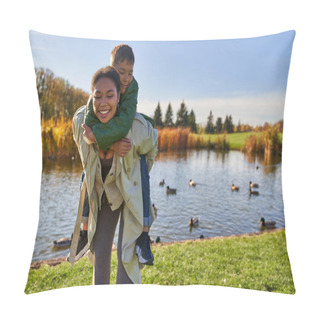 Personality  Positive Mother Piggybacking Son Near Pond With Ducks, Childhood, African American, Autumn, Candid Pillow Covers
