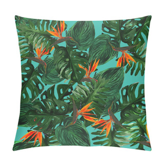 Personality  Original Seamless Tropical Pattern With Strelitzia And Leaves On Turquoise Background. Seamless Pattern With Colorful Leaves Of Colocasia, Filodendron, Monstera. Exotic Wallpaper. Hawaiian Style. Pillow Covers