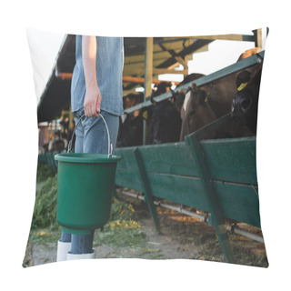 Personality  Partial View Of Farm Worker Holding Bucket Near Manger And Cows Pillow Covers