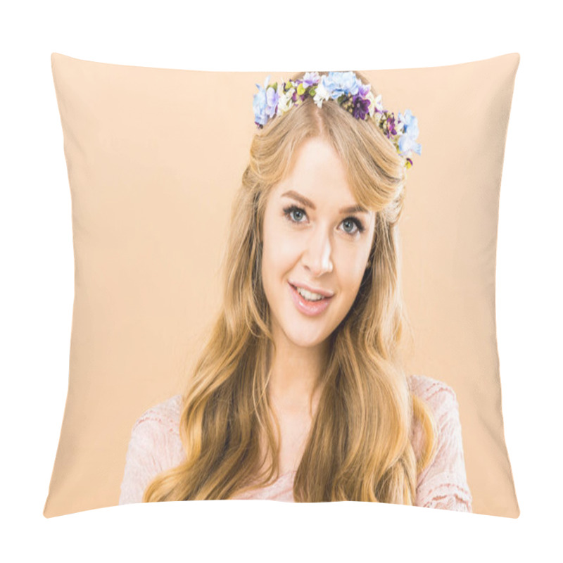 Personality  attractive woman in colorful wreath of flowers looking at camera on yellow background pillow covers