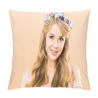 Personality Attractive Woman In Colorful Wreath Of Flowers Looking At Camera On Yellow Background Pillow Covers