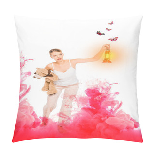 Personality  Girl In Pyjamas Holding Lantern, Teddy Bear With Pink Cloud Illustration Pillow Covers