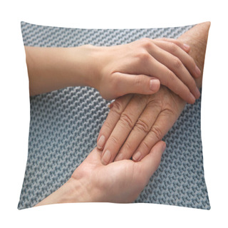 Personality  Young And Elderly Women Holding Hands Together On Grey Fabric, Closeup Pillow Covers