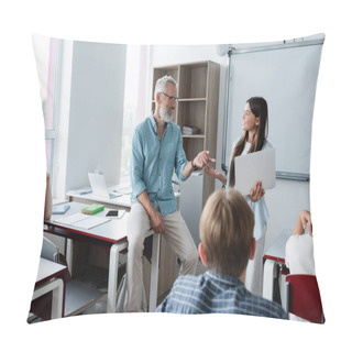 Personality  Smiling Teacher Pointing With Finger At Pupil With Laptop  Pillow Covers
