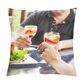 Personality  Couple Drinking White Sangria. White Sangria With Fruits And Berries Pillow Covers