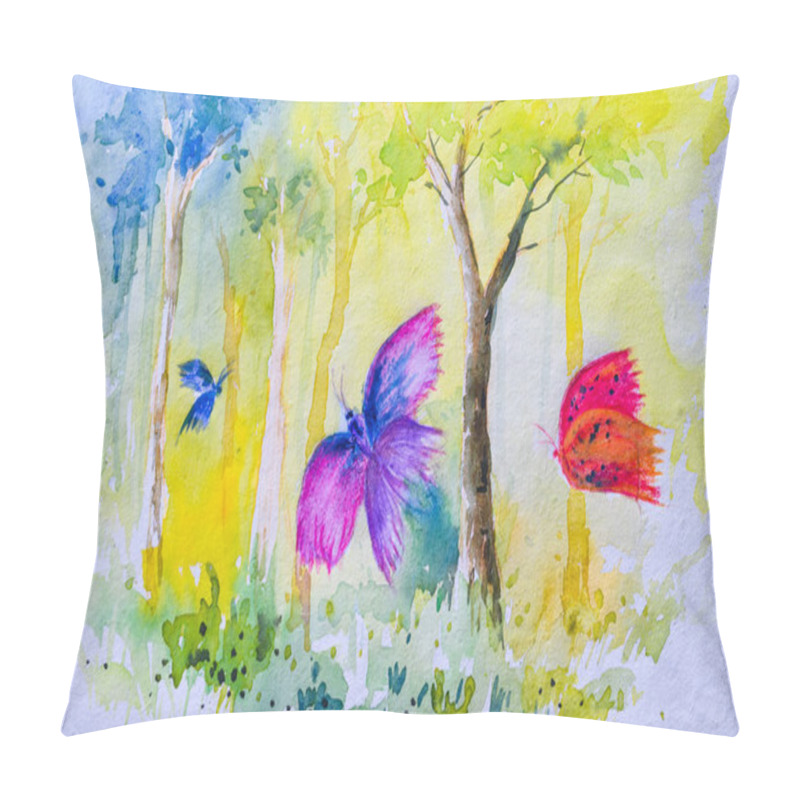 Personality  Beautiful Watercolor Painting Of A Bright Forest With Flying Butterflies. Illustration. Pillow Covers