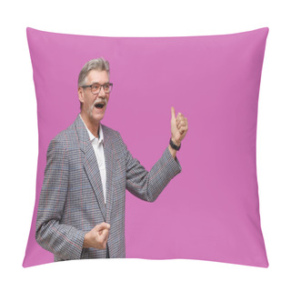 Personality  Emotional Handsome Mature Man Wearing Jacket Looking At Camera With Okay Single Gesture Against Violet Background. Place For Text, Copy Space. Pillow Covers