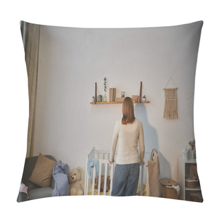 Personality  Back View Of Depressed And Lonely Woman Near Crib With Soft Toys Un Dark Nursery Room At Home Pillow Covers