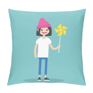 Personality  Young Happy Female Character Holding A Toy Windmill / Flat Editable Vector Illustration, Clip Art Pillow Covers
