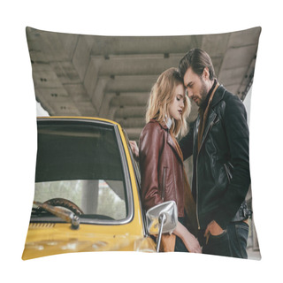 Personality  Side View Of Stylish Young Couple Hugging Near Yellow Retro Car Under Bridge  Pillow Covers