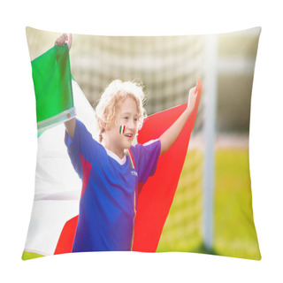 Personality  Italy Football Fan. Italian Kids Play Soccer On Outdoor Field. Cheering Team Fans Celebrate Victory. Children Score A Goal At Football Game. Little Boy In Italia Jersey Kicking Ball On Outdoor Pitch. Pillow Covers