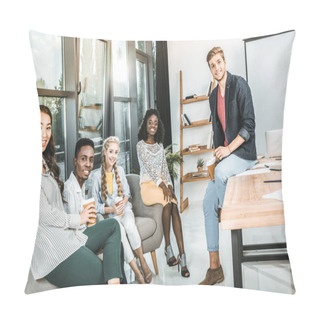 Personality  Multiethnic Smiling Business Coworkers Looking At Camera While Having Coffee Break In Office Pillow Covers