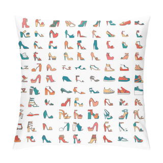 Personality  Beautiful Set Of Various Shoes And Sandals, Isolated On White Background. Vector Bundle With 99 Different Summer And Spring Female Footwear With Different Heels And Platform Types. Vector Illustration Pillow Covers