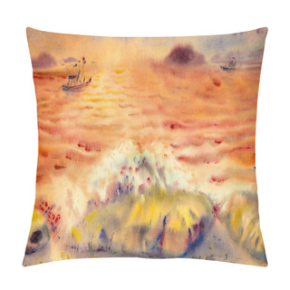 Personality  Abstract Watercolor Seascape Original Painting Colorful Of Fishing Boat Family, Lifestyle And Emotion In Sky Clouds  Background. Painted Impressionist Illustration Pillow Covers
