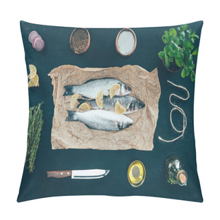 Personality  Top View Of Gourmet Fish With Lemon Slices On Baking Paper And Spices On Black Pillow Covers
