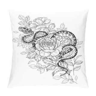 Personality  Hand Drawn Twisted Snake And Roses Isolated On White. Vector Monochrome Serpent And Flowers. Floral Illustration In Vintage Style, T-shirt Design, Tattoo Art, Coloring Page. Pillow Covers