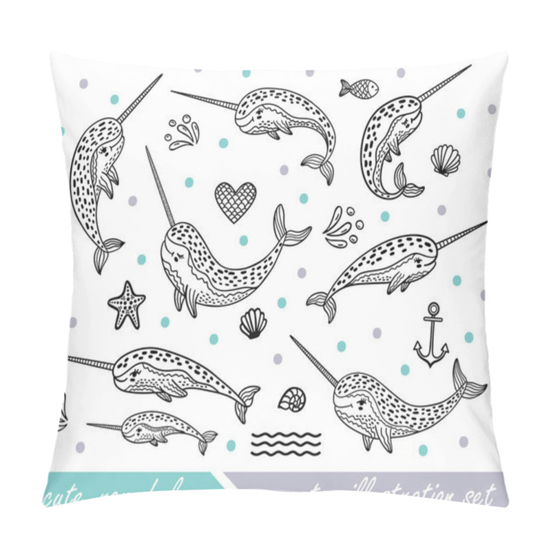 Personality  Set of hand drawn cute funny narwhals. Doodle whales for print designs, posters, t-shirts. Cartoon characters. pillow covers