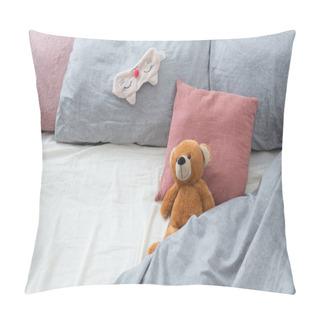 Personality  Bed With Teddy Bear On Gray Linens  Pillow Covers