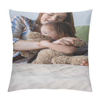Personality  Smiling Woman Hugging Daughter With Down Syndrome And Soft Toy On Bed  Pillow Covers