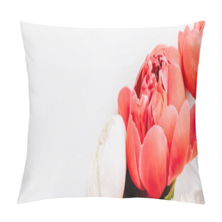 Personality  Top View Of Pink And White Peonies On White Background, Panoramic Shot Pillow Covers