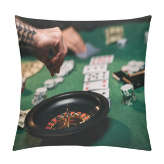 Personality  Cropped Image Of Woman And Tattooed Man Playing Roulette Table In Casino Pillow Covers