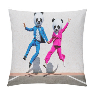 Personality  Storytelling Image Of A Couple Wearing Giant Panda Head And Colored Suits. Man And Woman Making Party In A Parking Lot. Pillow Covers