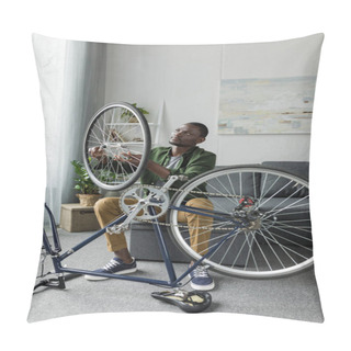 Personality  Afro Man Repairing Bicycle At Home Pillow Covers