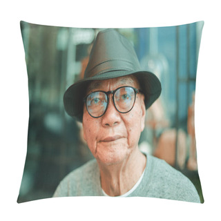 Personality  Asian Senior Man Drinking Coffee In Coffee Shop Cafe  Pillow Covers