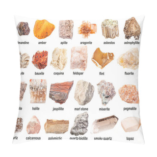 Personality  Set Of Various Unpolished Stones With Names (asbestos, Fluorite, Aplite, Smoky Quartz, Feldspar, Bauxite, Astrophyllite, Baryte, Quartz-biotite Slate, Coquina, Sandstone, Marl, Etc) Isolated On White Pillow Covers