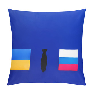 Personality  Top View Of Paper Bomb Between Ukrainian And Russian Flags On Blue Background  Pillow Covers
