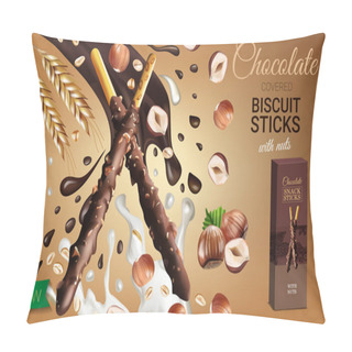 Personality  Vector Realistic Illustration Of Chocolate Biscuit Sticks With Hazelnuts. Pillow Covers