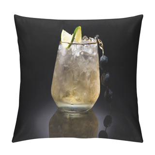 Personality  Transparent Glass With Ice And Golden Liquid Garnished With Lime And Blueberries On Black Background Pillow Covers