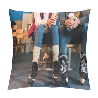 Personality  Cropped Shot Of Young Couple In Skates Holding Coffee To Go In Paper Cups Pillow Covers