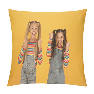 Personality  Happiness. Emotional Kids. Fashion Shop. Must Have Accessory. Modern Fashion. Kids Fashion. Girls Long Hair. Cute Children Same Outfits. Trendy And Fancy. Little Girls Wearing Rainbow Clothes Pillow Covers