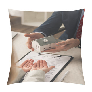 Personality  Cropped View Of Agent Holding House Model Near Woman With Cupped Hands  Pillow Covers