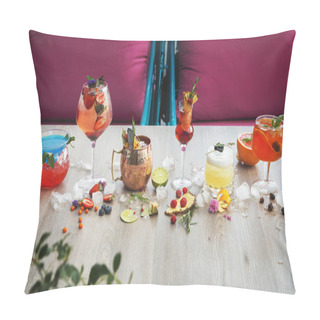 Personality  Variety Of Alcohol Cocktails On Gray Table Pillow Covers