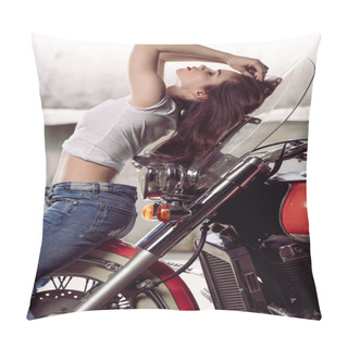 Personality  Sensual Woman Sitting On Wheel Of Motorcycle Pillow Covers